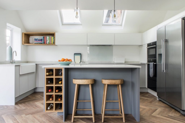 Grey modern oak wine rack bespoke kitchen island grey belfast sink thame oxfordshire 1 1024x683