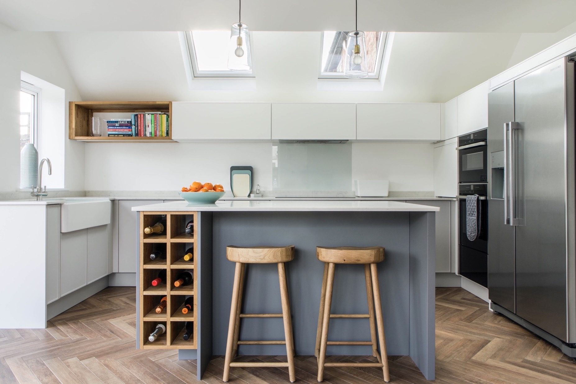 Grey modern oak wine rack bespoke kitchen island grey belfast sink thame oxfordshire 1