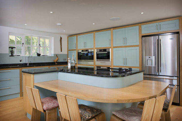 Handpainted oak granite bespoke kitchen island chinnor oxfordshire stainless fridge with drawers
