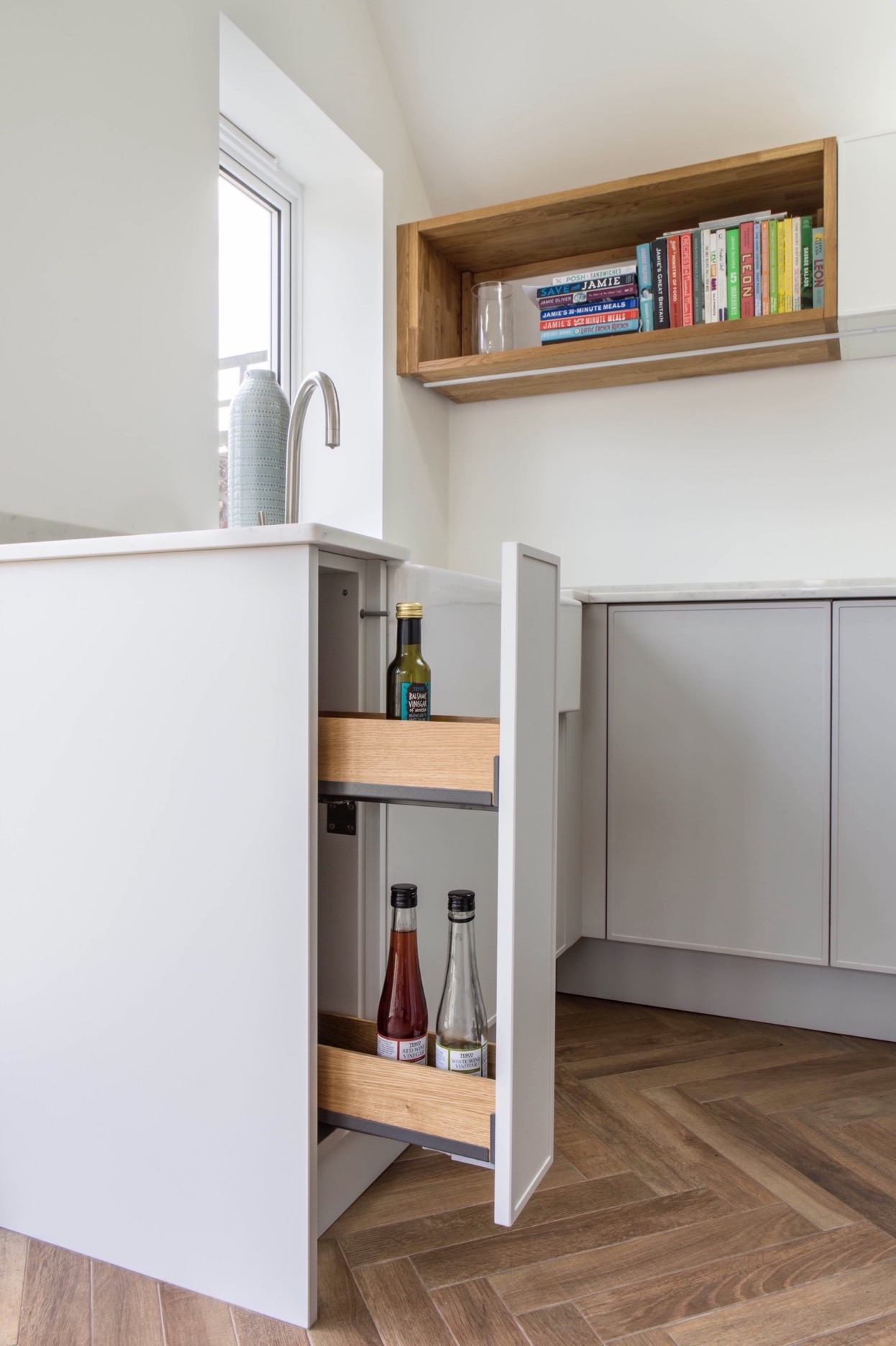 Oak bottle storage pull out kitchen storage bespoke kitchen kingsey longwick