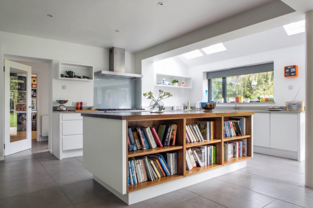 Walnut kitchen island bookshelves glass backsplash handleless aylesbury buckinghamshire 1 1024x683