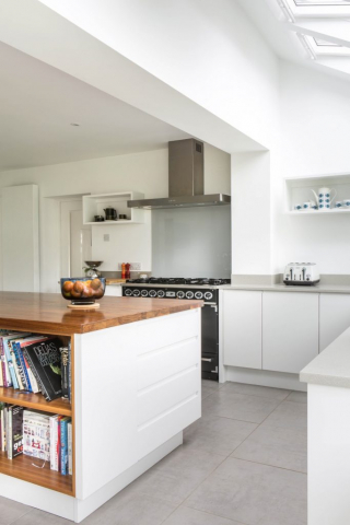 Walnut kitchen island bookshelves glass backsplash handleless aylesbury bucks 683x1024