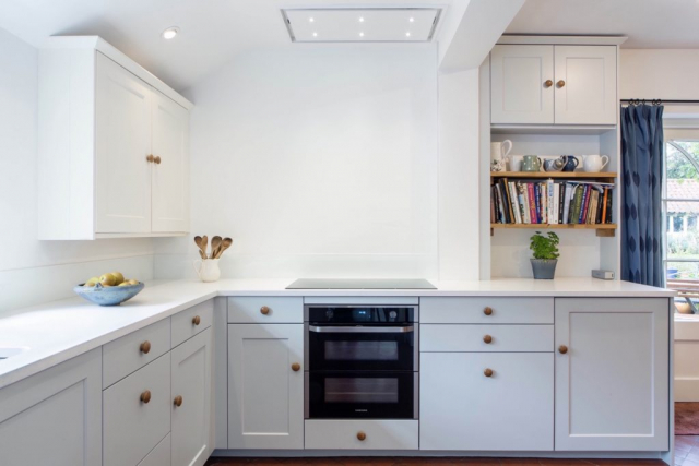 ceiling mounted extractor and worktop dresser with oak shelves haddenham buckinghamshire bespoke kitchen 1024x683