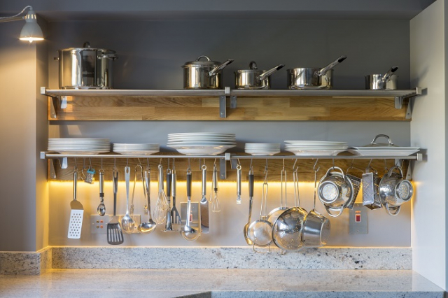 steel shelves oak quartz pan hanger kitchen oxfordshire